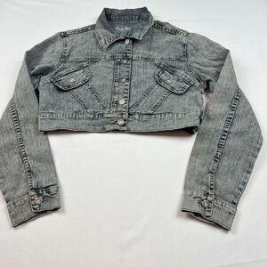 Heat Wave Cropped Gray Wash Denim Jacket Embroidered Back Y2K Style Retro  *READ